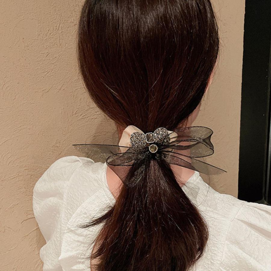 リボンシュシュ ラインストーン オーガンジー サテン ヘアアクセサリー