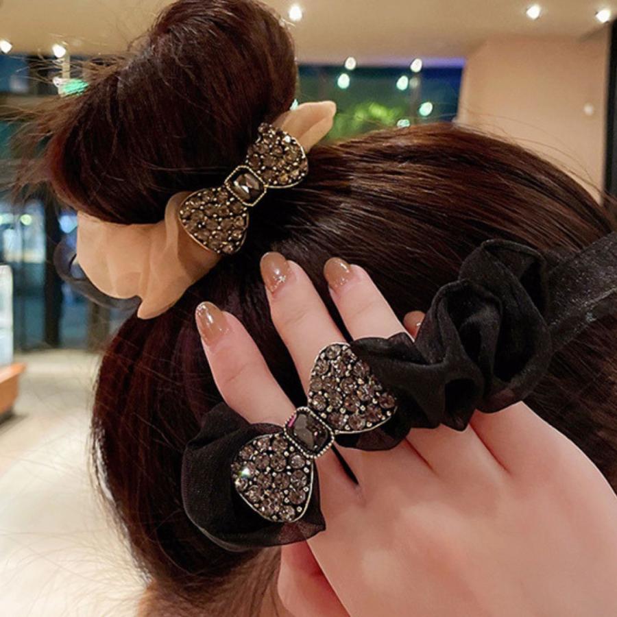 リボンシュシュ ラインストーン オーガンジー サテン ヘアアクセサリー