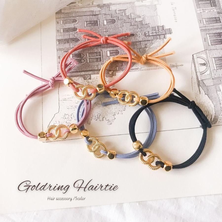 No.36リボンヘアゴム☆ ゴールドハートライン☆ベージュ