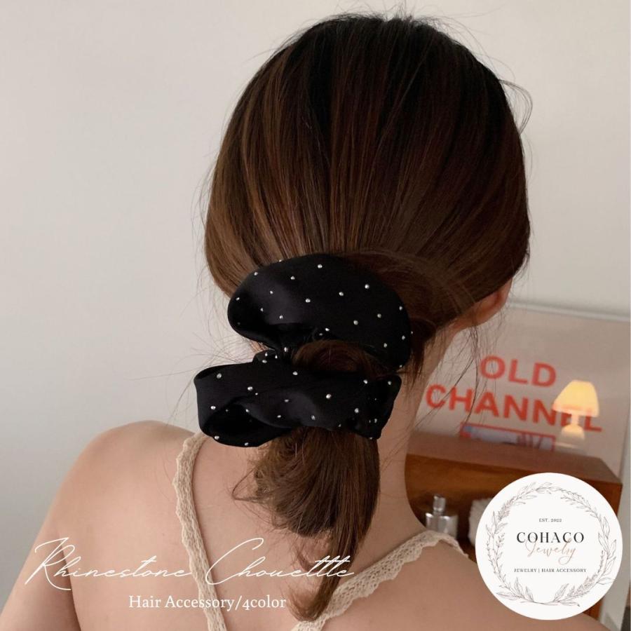 ドットシュシュ ラインストーン 高級感 韓国 サテン ヘアアクセサリー