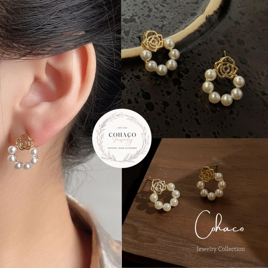 ピアス パール ローズ 薔薇 ゴールド リング 小粒パール 上品 ガーリー 