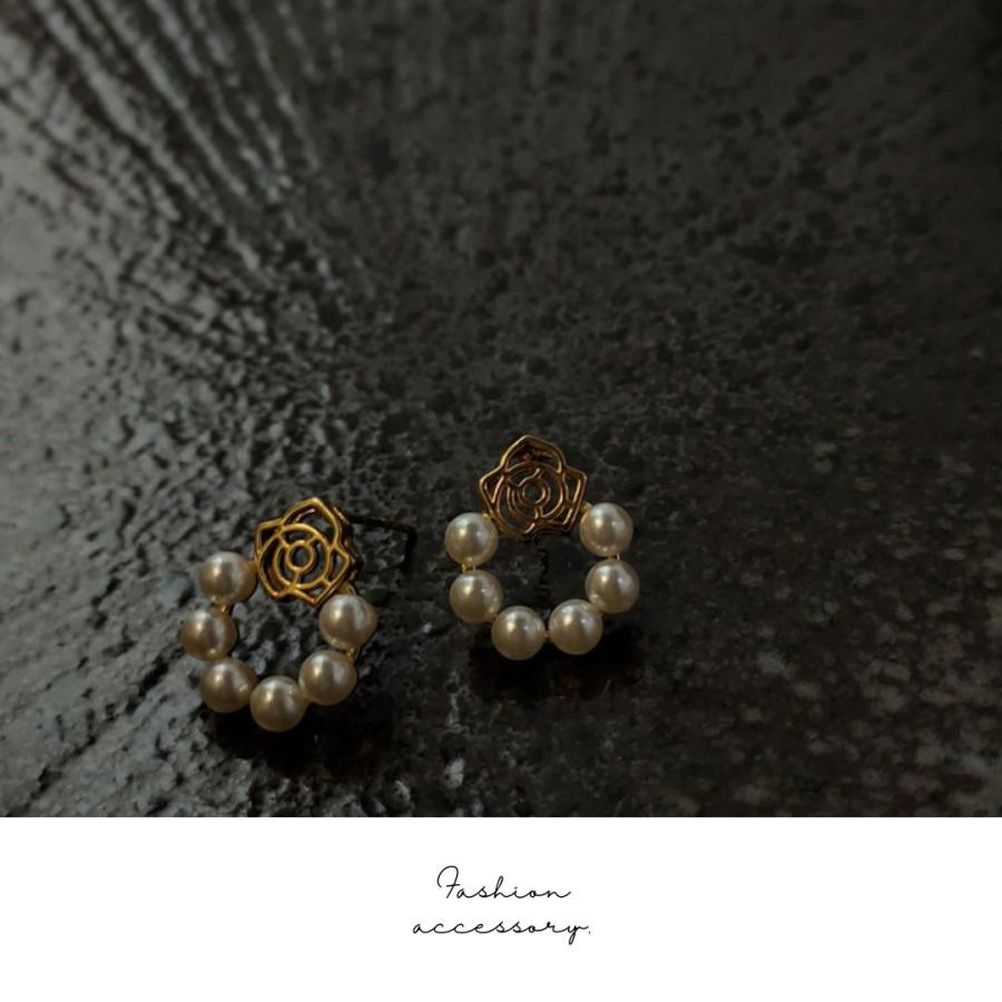 ピアス パール ローズ 薔薇 ゴールド リング 小粒パール 上品 ガーリー 