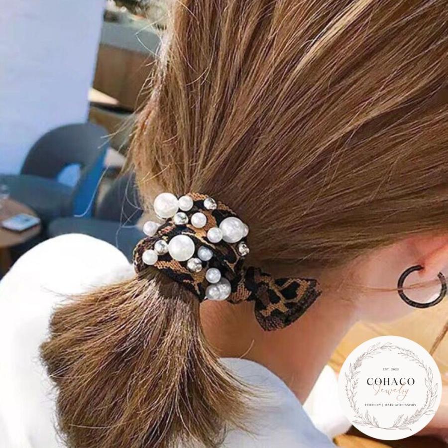 レオパード ヘアゴム ヒョウ柄 パール ビジュー ヘア