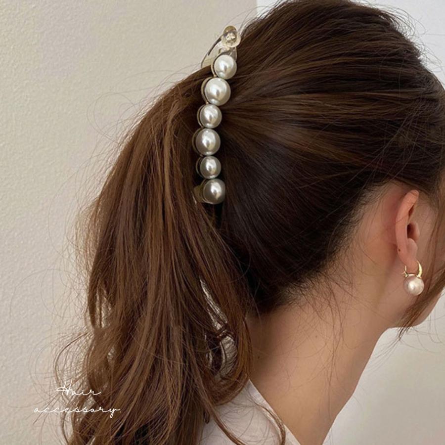 パール バナナクリップ バンスクリップ ヘアークリップ クリア 艶 黒