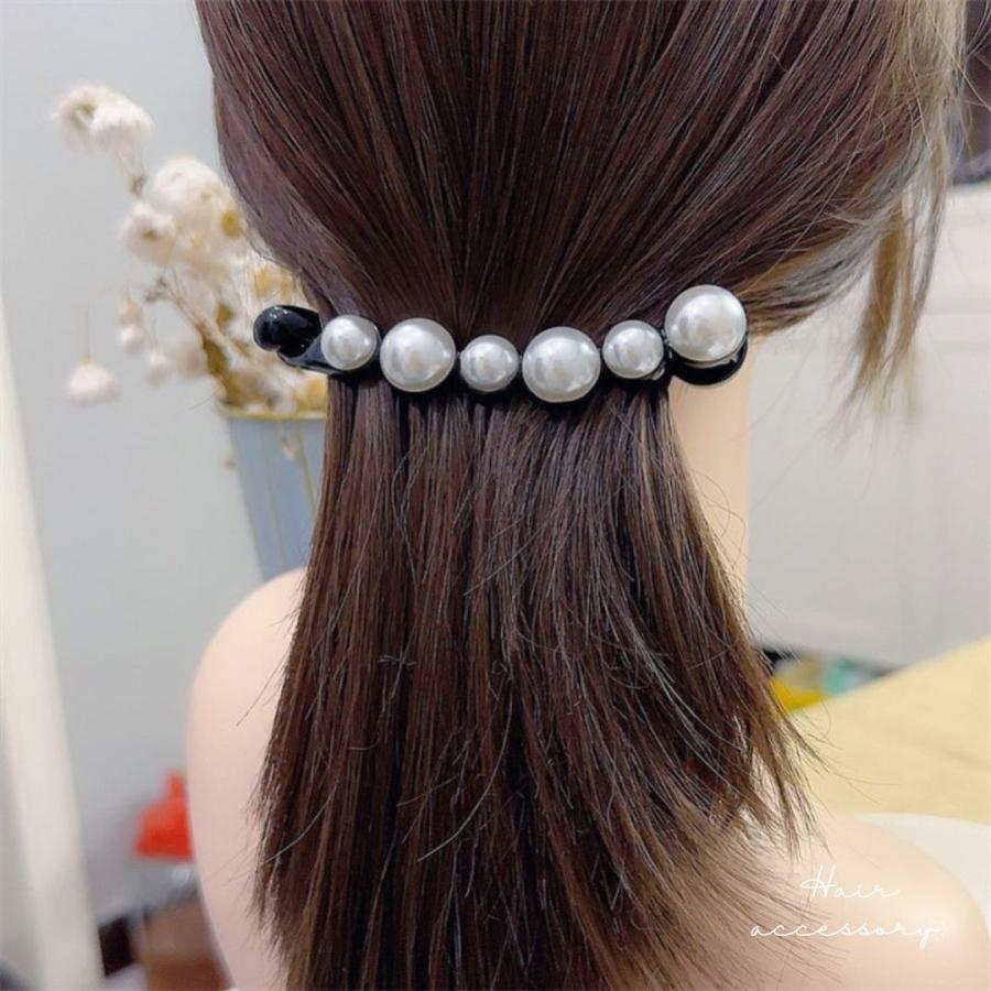 パール バナナクリップ バンスクリップ ヘアークリップ クリア 艶 黒