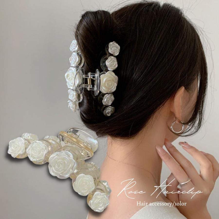 ローズ バンスクリップ ヘアクリップ パール 艶 薔薇 お花 クリア ヘア