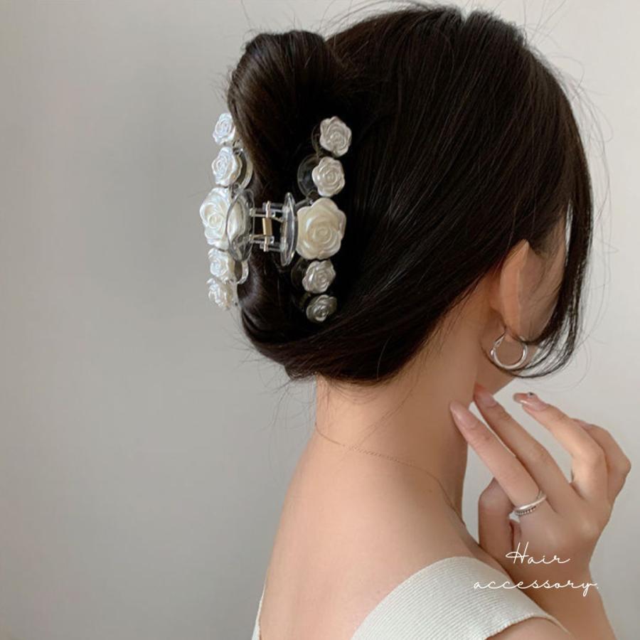 ローズ バンスクリップ ヘアクリップ パール 艶 薔薇 お花 クリア ヘア