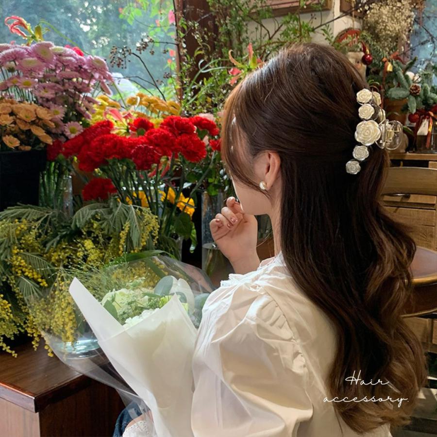 ローズ バンスクリップ ヘアクリップ パール 艶 薔薇 お花 クリア ヘア