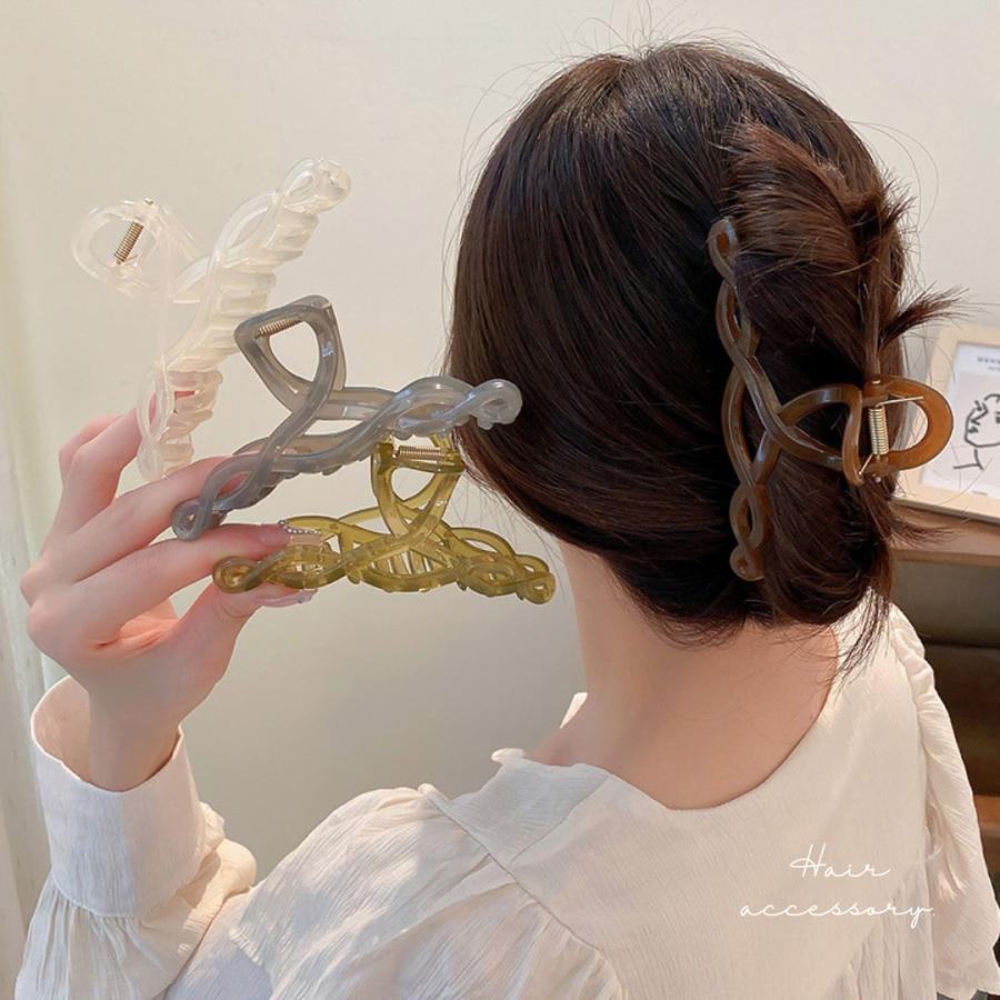 バンスクリップ くすみカラー ヘアクリップ クリア 艶 網目模様 上品