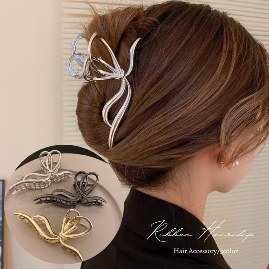 メタルヘアクリップ リボン バンスクリップ 大きめ 12cm 合金 大人