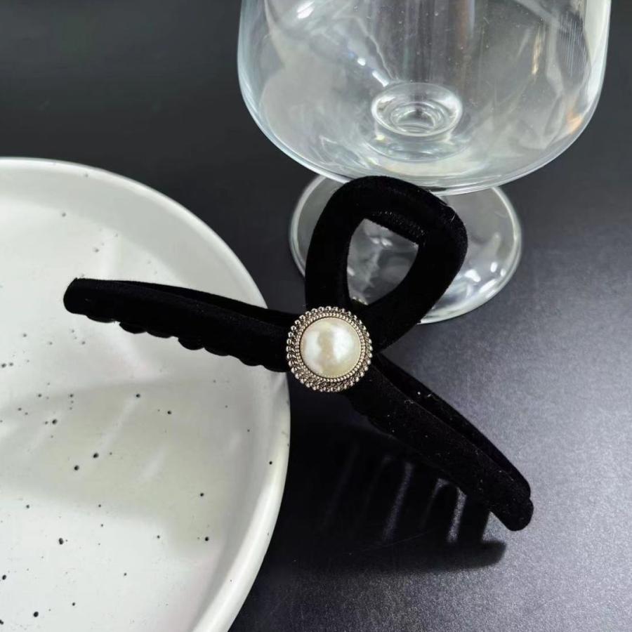 ベロアバンスクリップ ヘアクリップ パール ハート 秋冬 もこもこ 特大