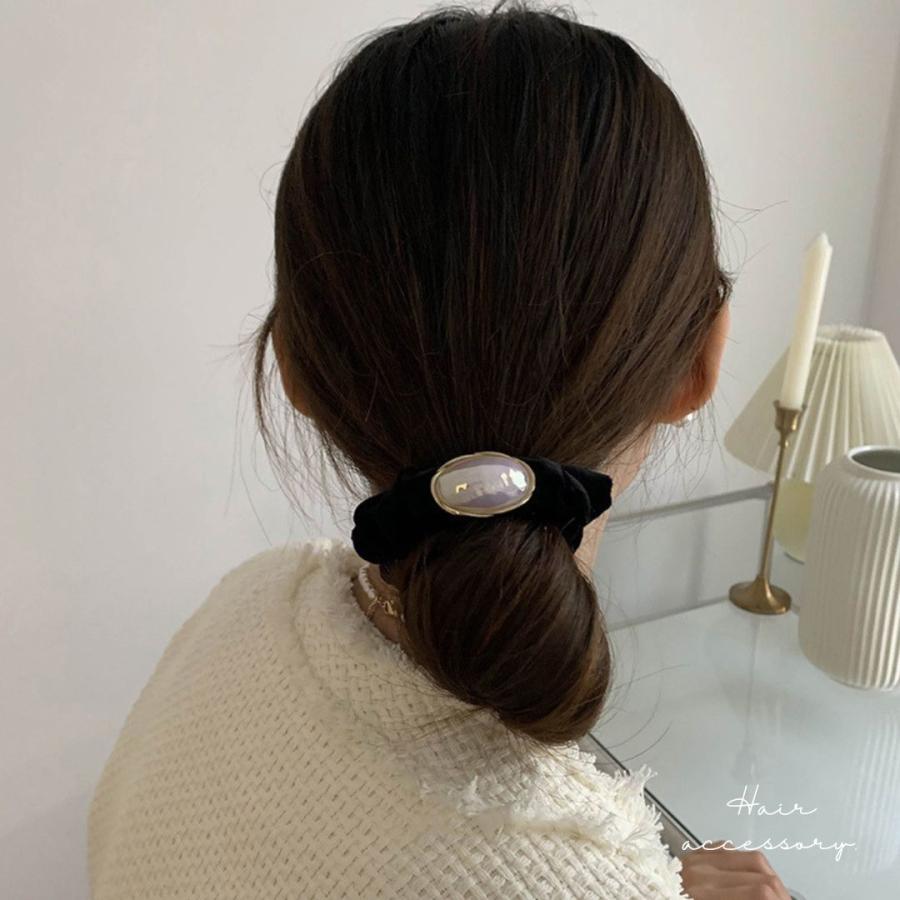 シュシュ パール サテン ベロア ブラック ヘアゴム ヘアアクセサリー