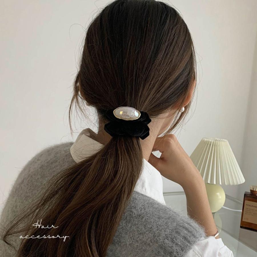 シュシュ パール サテン ベロア ブラック ヘアゴム ヘアアクセサリー