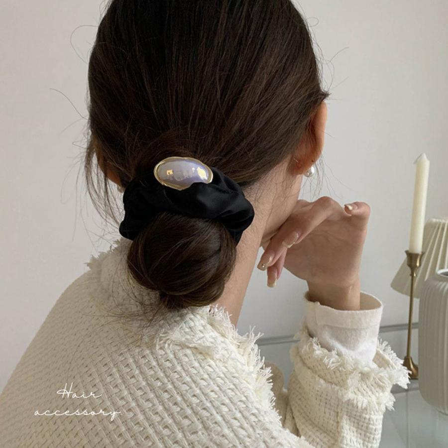 シュシュ パール サテン ベロア ブラック ヘアゴム ヘアアクセサリー