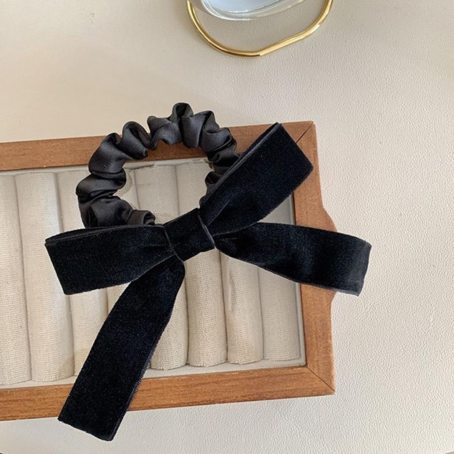 ベロアリボンシュシュ ヘアゴム 2タイプ ベルベット ブラック もこもこ