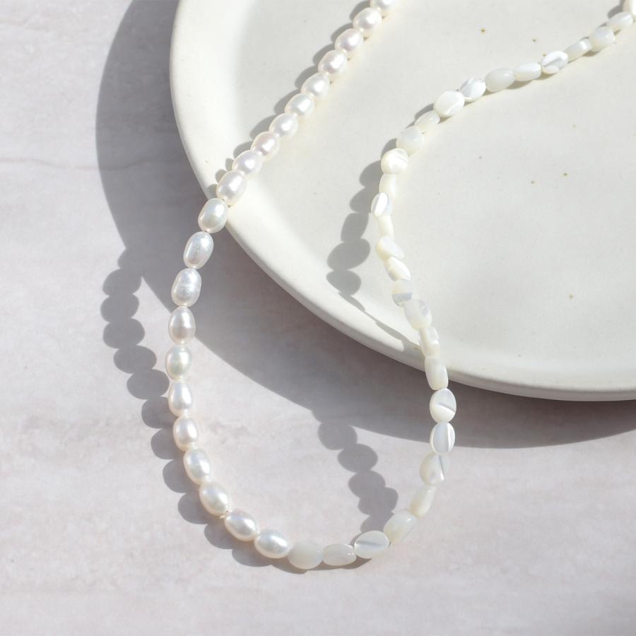 90cm ロングネックレス オーバル 淡水パール マザーオブパール 2連使い