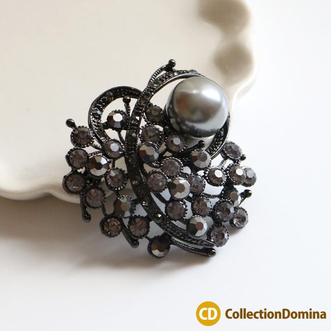 ピンブローチ ブローチ ブラックパール ラインストーン ブラック 黒色