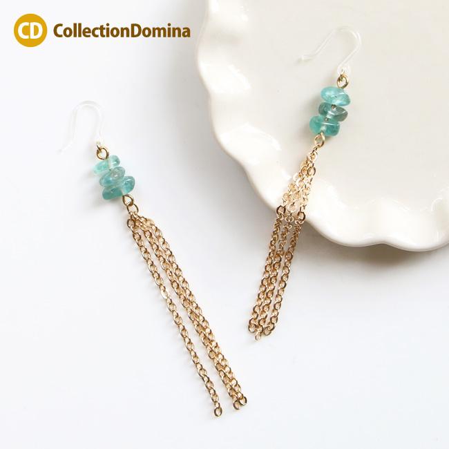 当店オリジナル 天然石 さざれ サザレ チェーンタッセル ロング 樹脂フック 樹脂ピアス ゴールド ブルーグリーン レディース アクセサリー 夏 | 