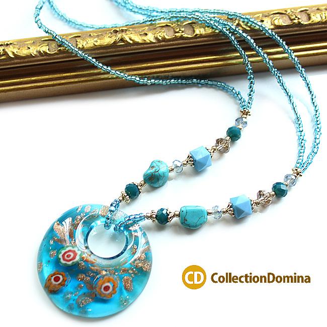 ヴェネチアンガラス風 ロング ラウンド 丸型 ガラス ベネチアンガラス風 ビーズ ガラスビーズ 大ぶり ネックレス レディース ゴールド