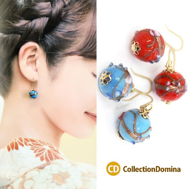 とんぼ玉ピアス 国産品 上品 蜻蛉玉 赤 青 樹脂フックピアス