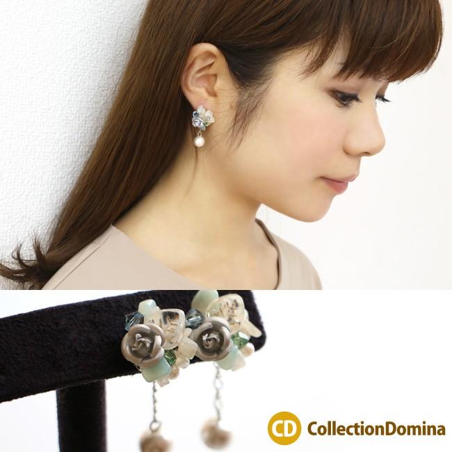 フラワーピアス バックキャッチ コットンパール 天然石 さざれ サザレ ビーズ チタンピアス チタンポスト レディース アクセサリー | 