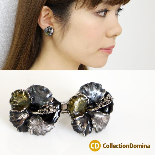 イヤリング フラワー ブラック お花デザイン ネジバネ ダークカラー お出かけ レディース アクセサリー お呼ばれ プレゼント | 