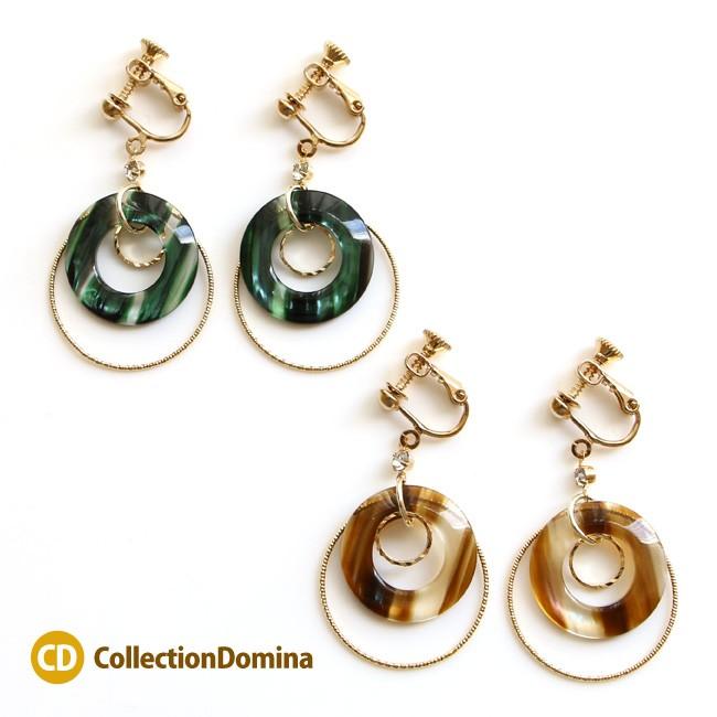 樹脂フープ メタルフープ 3連 イヤリング ネジバネ式 グリーン ブラウン ゴールド レディース アクセサリー メタルパーツ ラインストーン | 