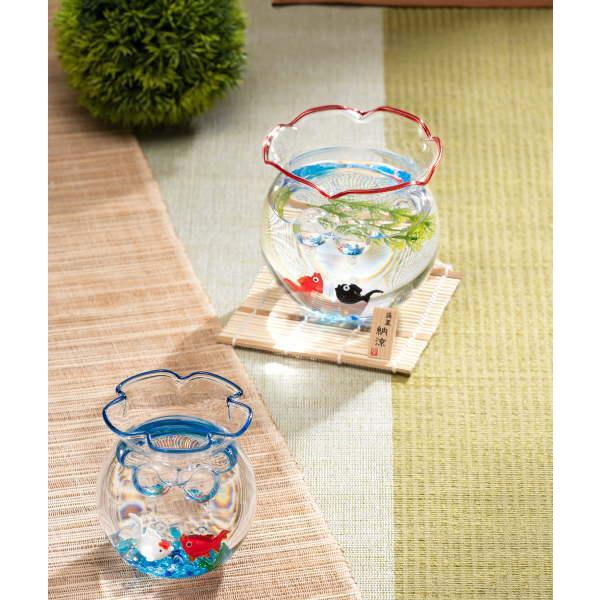 涼しげなガラス製品 昔ながらの金魚鉢セット モダンな赤夏の飾り