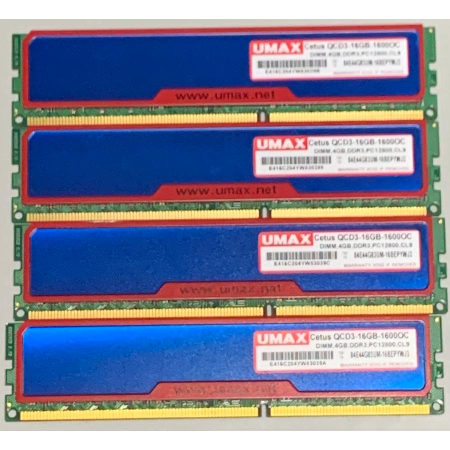 【中古】UMAX 4GB 4枚 DDR3-1600 Cetus QCD3-16GB-1600OC デスクトップPC用メモリ（non-ECC Unbuffered、PC3-12800）｜collection21store
