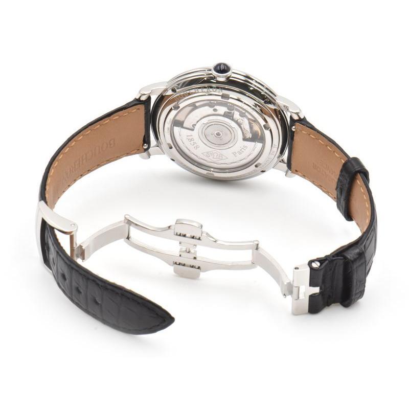 豪奢な 3年保証 ブシュロン 送料無料 中古 腕時計 自動巻き 黒文字盤 裏スケルトン 革ベルト 新品仕上済 Wa0212 エピュール メンズ メンズ腕時計