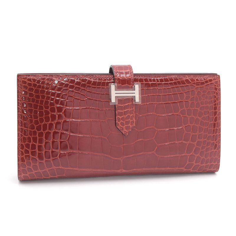 エルメス ベアンスフレ □Q刻印 2013年 アリゲーターシャイン ルージュアッシュ シルバー金具 二つ折り長財布 2つ折り長財布 中古 送料無料 HERMES（エルメス） ベアンスフレ □Q刻印 2013年 アリゲーター