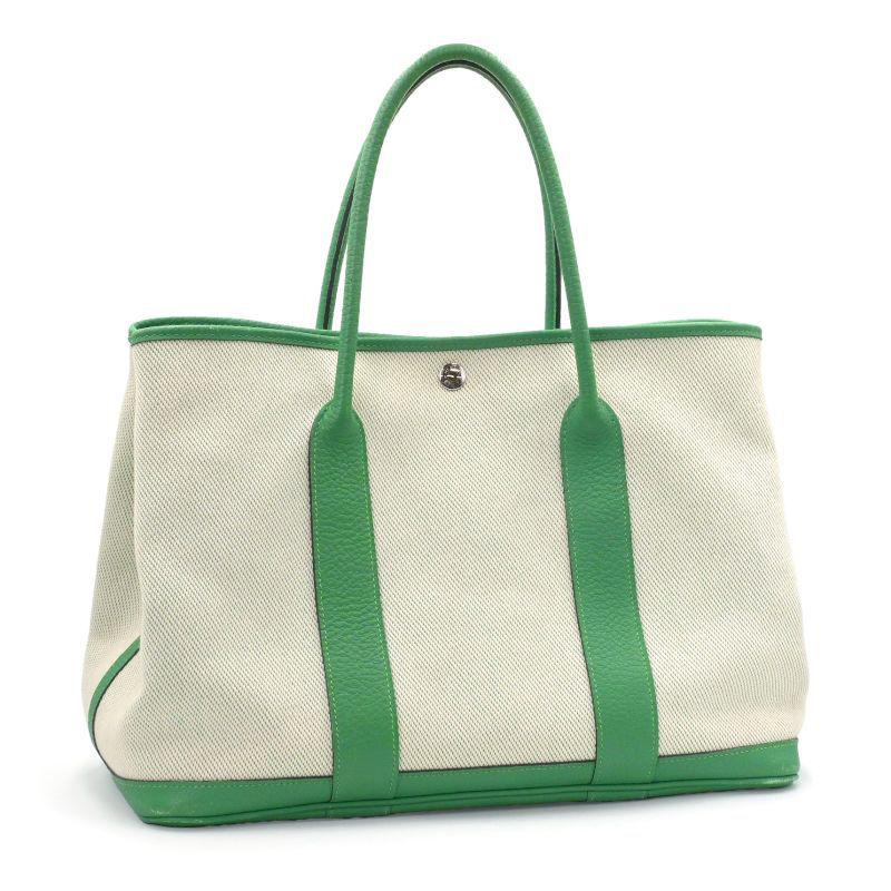 エルメス ガーデンパーティPM □R刻印 2014年製 トワルアッシュ ヴァッシュカントリー バンブー トートバッグ グリーン 緑 中古 送料無料 ガーデンパーティー エルメス ガーデンパーティPM □R刻印 2014年製
