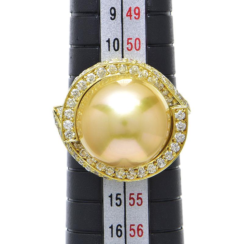 ゴールド パール リング 約13号 約13mm天然ゴールデンパールリング 12号 K18YG 1.36ct天然ダイヤモンド