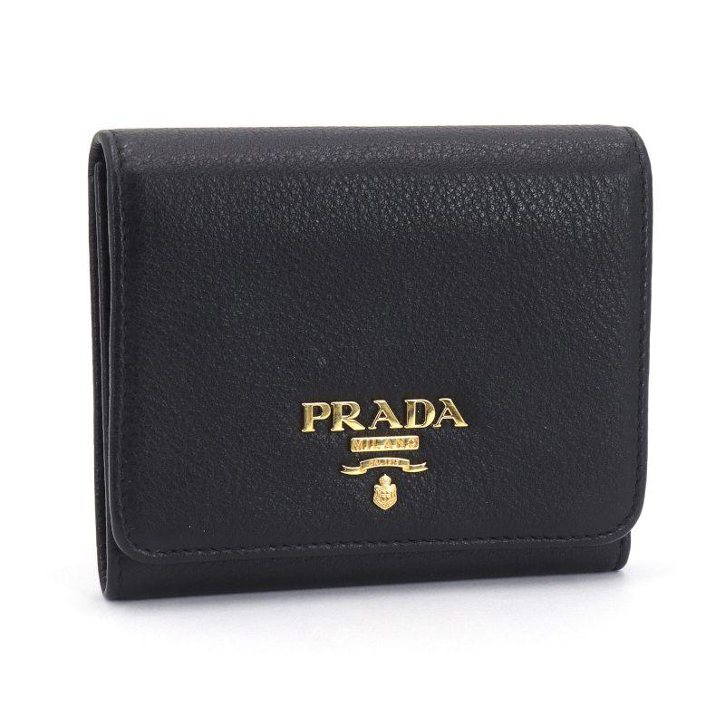 プラダ　ミニ財布　ヴィッテログレイン PRADA 黒 三つ折り財布 ヴィッテロ グレイン メタル プラダ