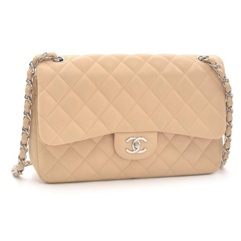 シャネル デカマトラッセ30 ラムスキン ベージュ シルバー金具 ダブルフラップ ダブルチェーンショルダーバッグ ココマーク 中古 送料無料 マトラッセ シャネル デカマトラッセ30 ラムスキン ベージュ シルバー
