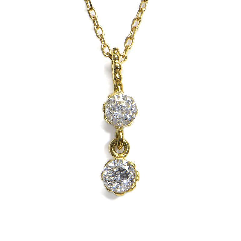 合計0.18ct天然ダイヤモンドネックレス K18YG 2粒ダイヤ 2Pダイヤ 2連  