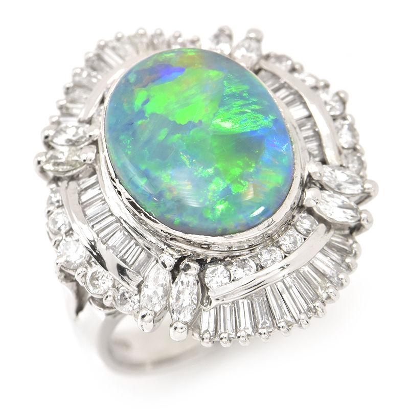 PT950 青色 ブラックオパールダイアモンド入りリング