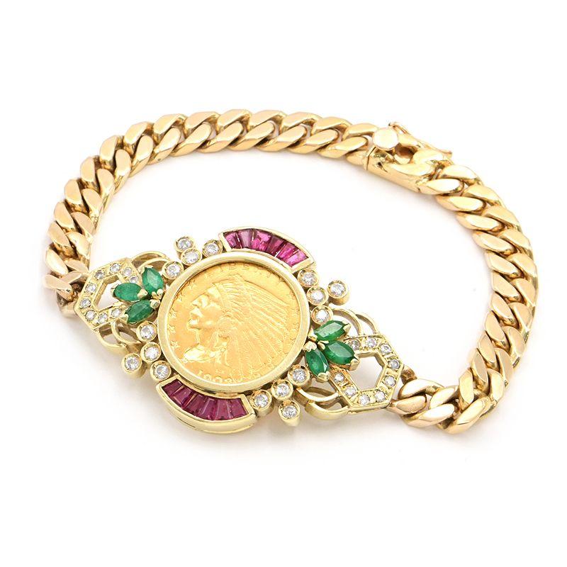 インディアンコインブレスレット K21.6YG K18YG ルビー エメラルド  