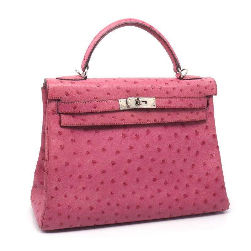 エルメス ケリー32 フューシャピンク オーストリッチ シルバー金具 □I刻印 内縫い ハンドバッグ ショルダーバッグ 中古 送料無料 Kelly エルメス ケリー32 フューシャピンク オーストリッチ シルバー