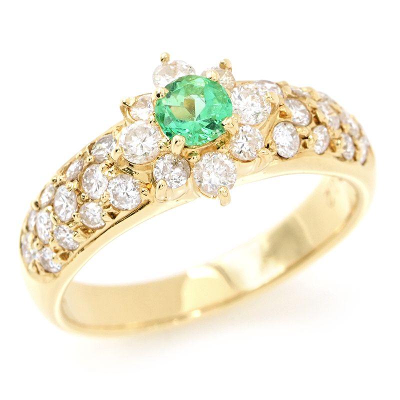 0.2ct天然エメラルドリング 11号 K18YG 合計0.74ct天然ダイヤ フラワー