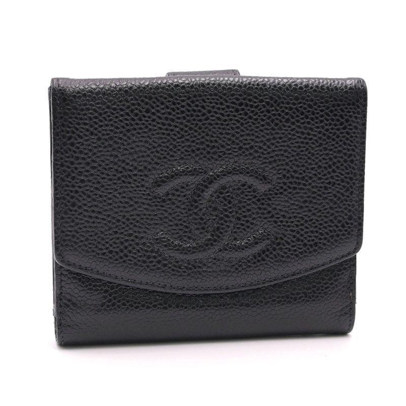 キャビアスキン シャネル Wホック財布 A13496 ブラック ゴールド金具  