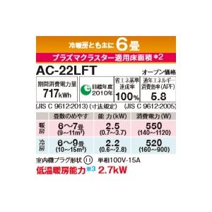 シャープ プラズマクラスター7000搭載エアコン AC-22LFT 冷暖共に6畳用 
