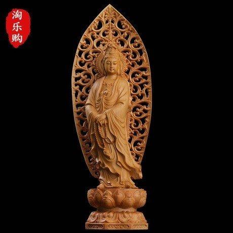 透かし背景 数珠 観音像 仏壇仏像 高級天然ツゲ木彫り 観音菩薩 立像