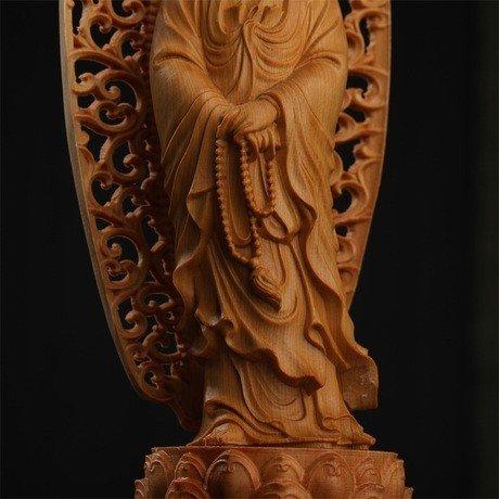 透かし背景 数珠 観音像 仏壇仏像 高級天然ツゲ木彫り 観音菩薩 立像