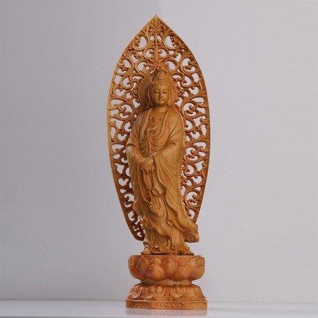 透かし背景 数珠 観音像 仏壇仏像 高級天然ツゲ木彫り 観音菩薩 立像