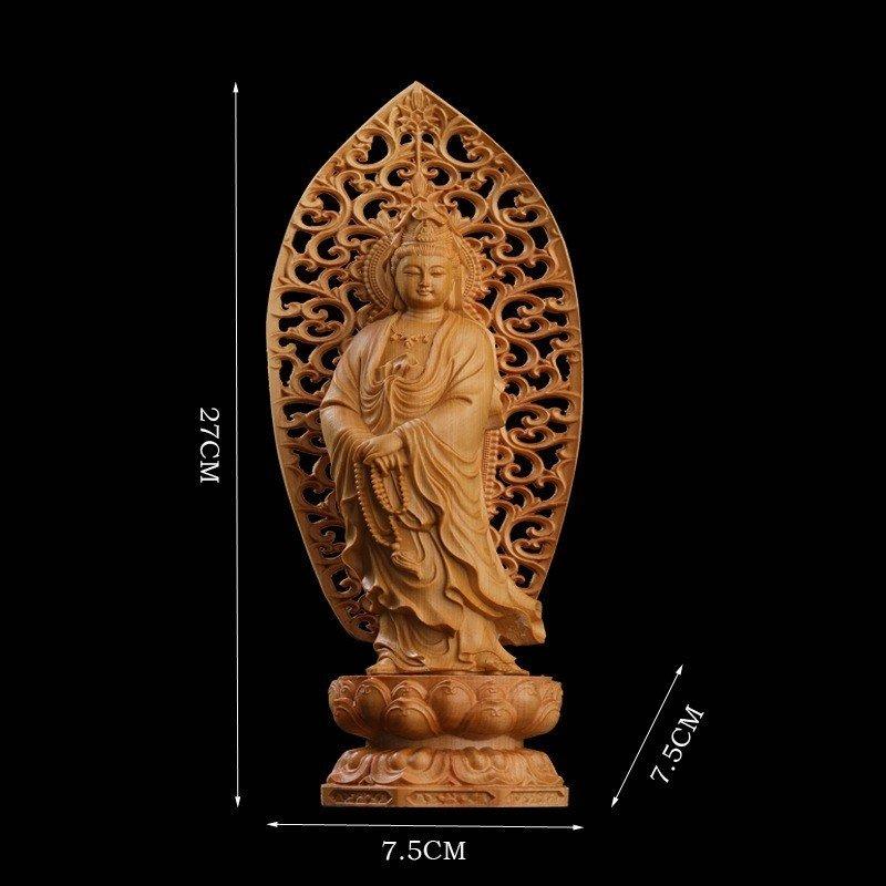 透かし背景 数珠 観音像 仏壇仏像 高級天然ツゲ木彫り 観音菩薩 立像