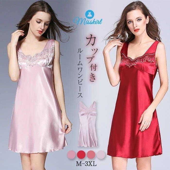 最大76 Offクーポン カップ付き パジャマ ワンピース レディース ルームウェア ミニ丈 ノースリーブ ナイトウェア サテン風 可愛い 部屋着 母の日 春 夏 大きいサイズ レース