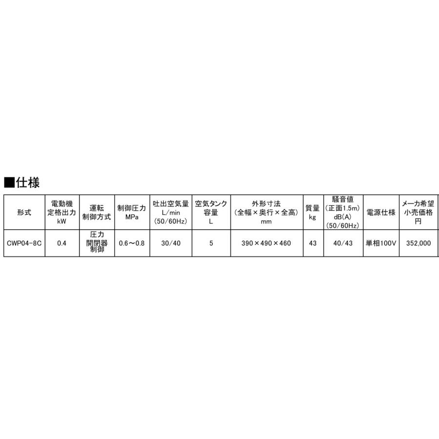 アネスト岩田 CWP04-8C 静音型オイルフリー コンプレッサー 0.4 アネスト岩田 CWP04-8C 静音型オイルフリー コンプレッサー 0.4