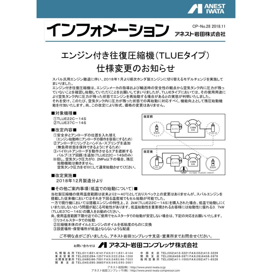 アネスト岩田 TLUE22C-14S オイルコンプレッサー 単胴型 アネスト岩田 TLUE22C-14S オイルコンプレッサー 単胴型
