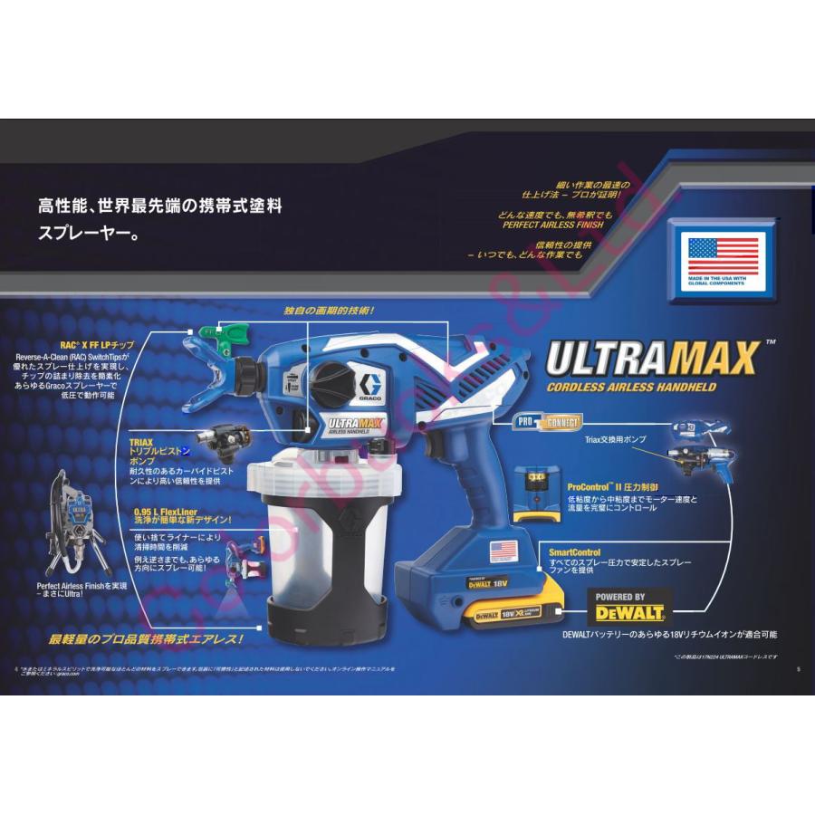 【Graco】【ULTRA MAX】グラコ ウルトラマックス 溶剤系・水性系塗料兼用バッテリー式　コードレスエアレススプレーガン ラッカーOK｜colorbucksya｜02